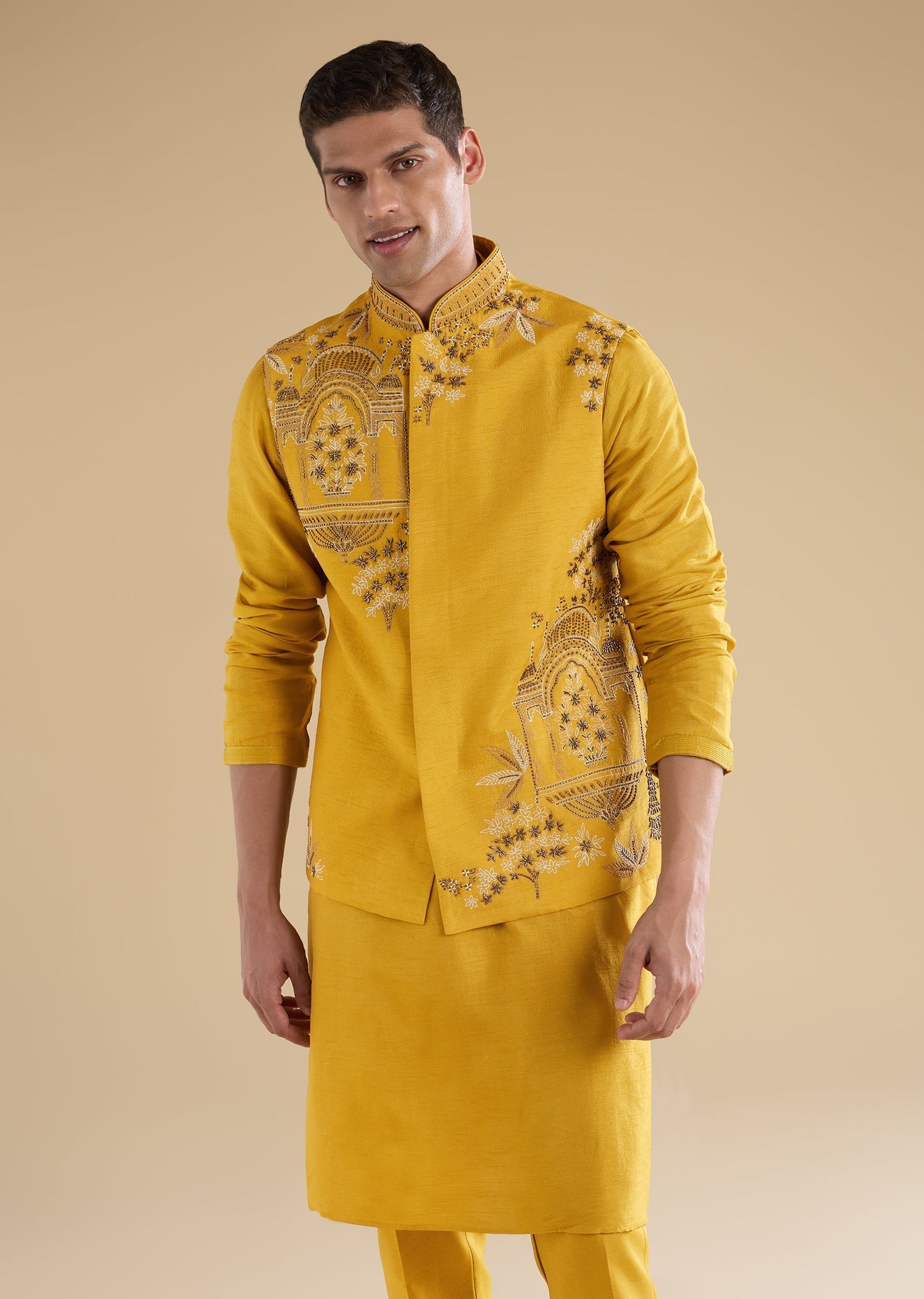 Yellow Embroidered Silk Kurta Jacket Set