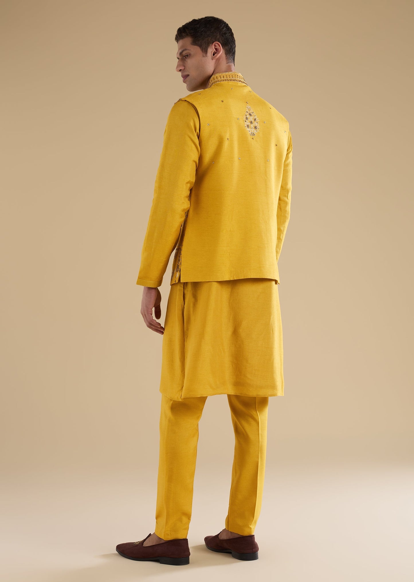 Yellow Embroidered Silk Kurta Jacket Set