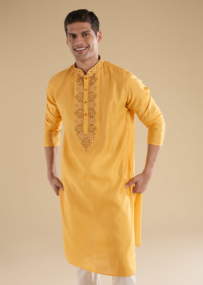 Yellow Embroidered Silk Kurtas Sets