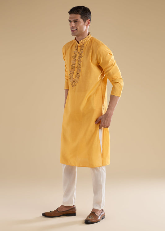 Yellow Embroidered Silk Kurtas Sets