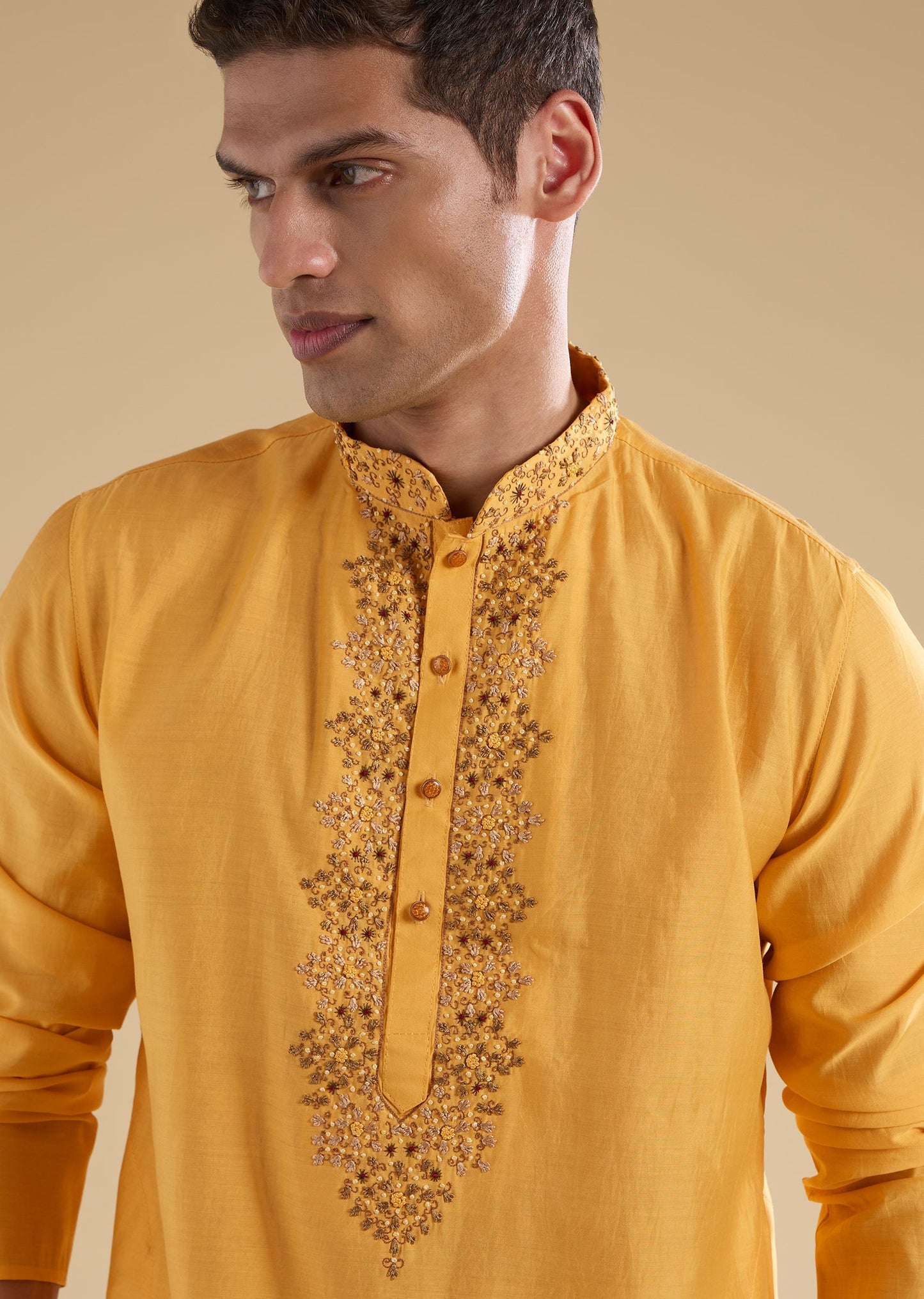 Yellow Embroidered Silk Kurtas Sets