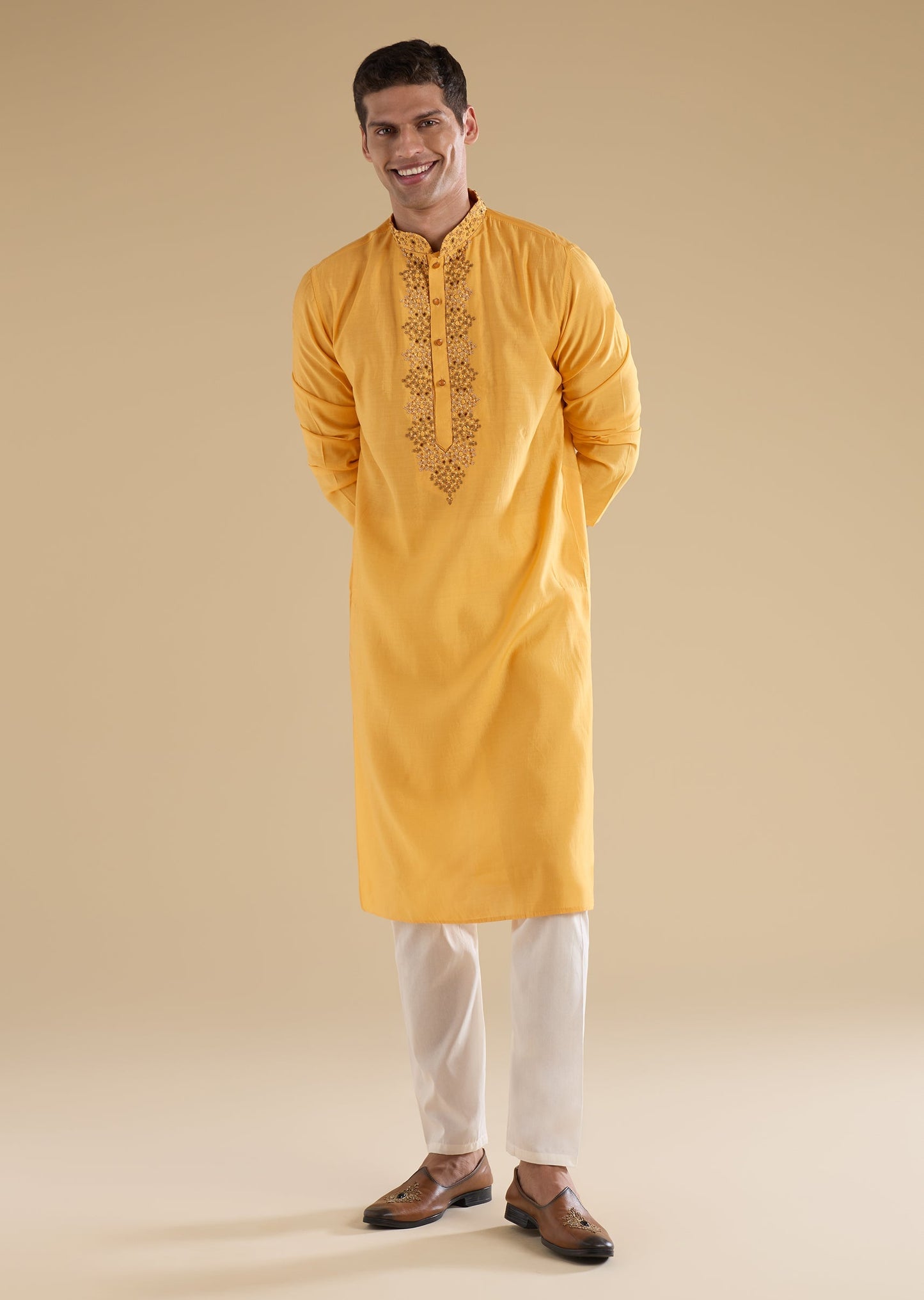 Yellow Embroidered Silk Kurtas Sets