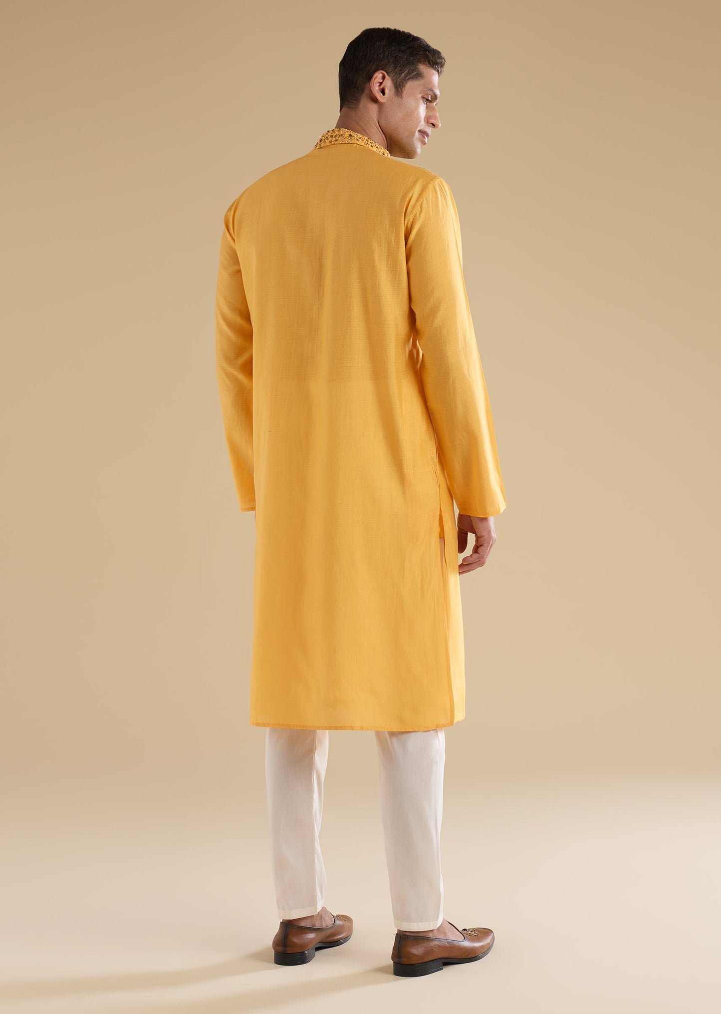 Yellow Embroidered Silk Kurtas Sets