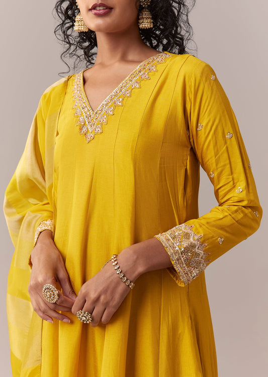 Yellow Gotta & Zardosi Anarkali Set With Dupatta