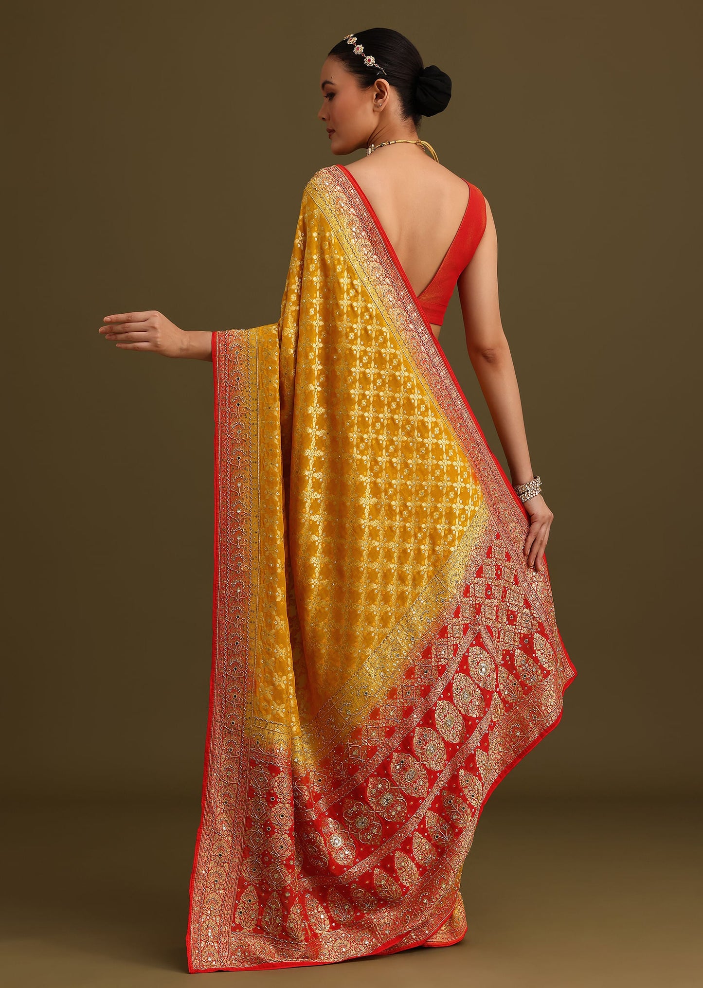 Yellow Khaddi Georgette Bandhani Weave Cutdana Saree