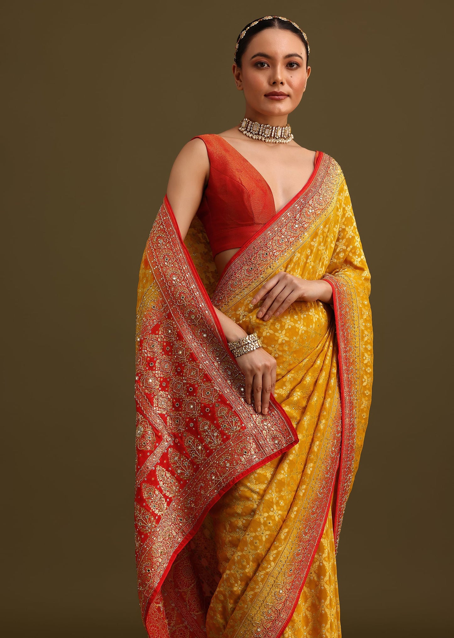 Yellow Khaddi Georgette Bandhani Weave Cutdana Saree