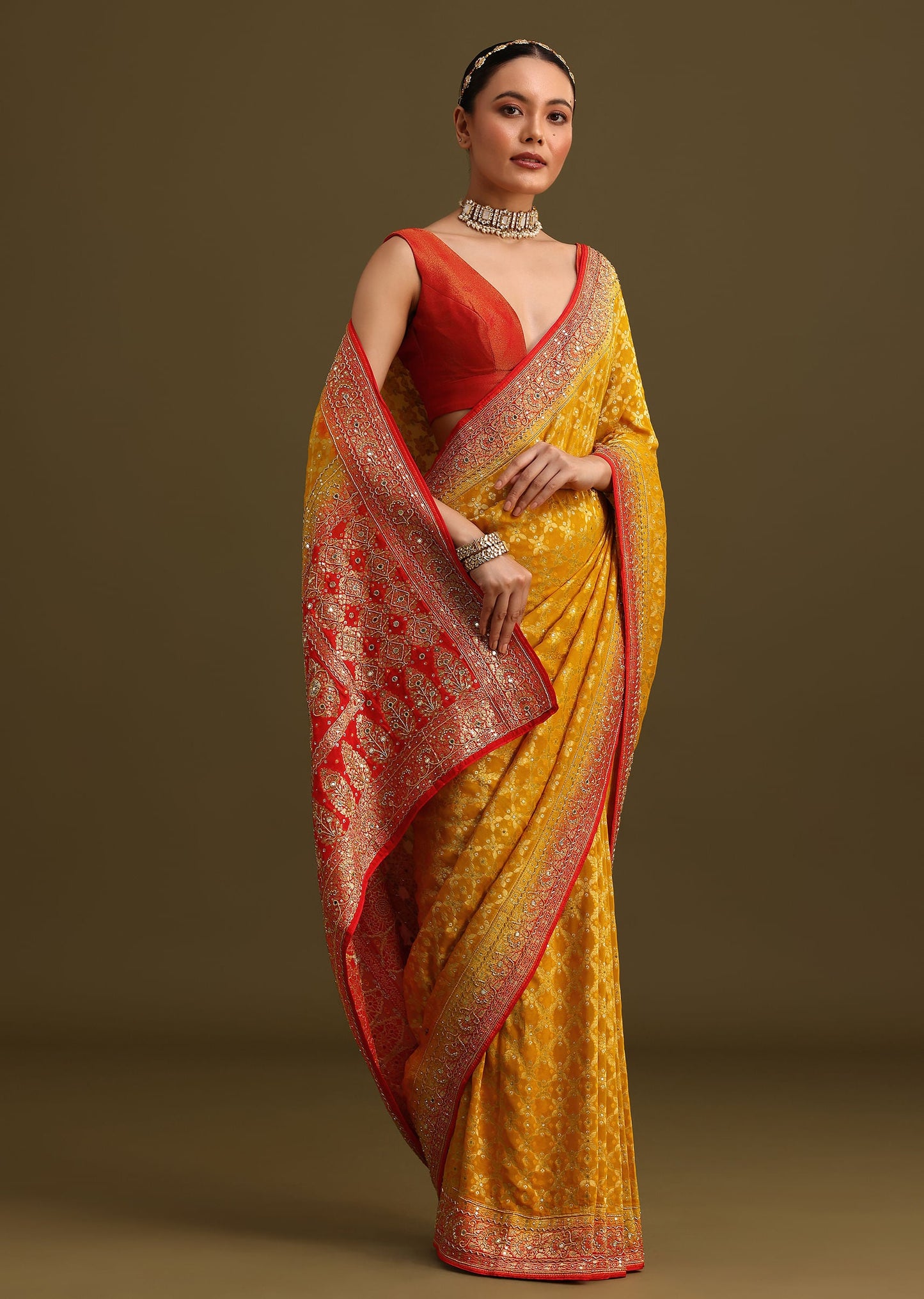 Yellow Khaddi Georgette Bandhani Weave Cutdana Saree